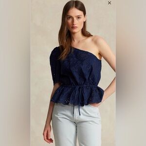 NWT- Polo Ralph Lauren, One-Shoulder Eyelet Linen Top, Navy Blue, size 6